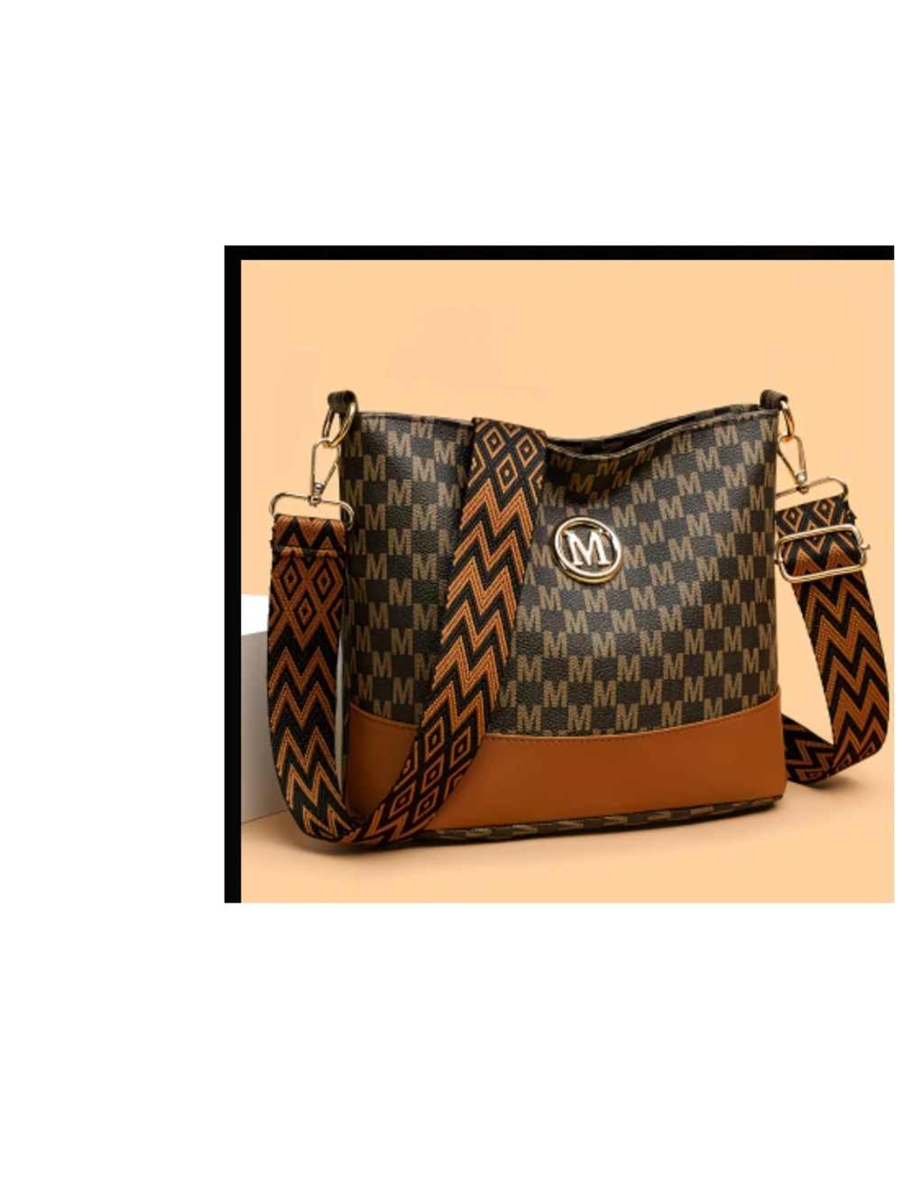 M-Pattern Brown Crossbody Tote with Chevron Strap